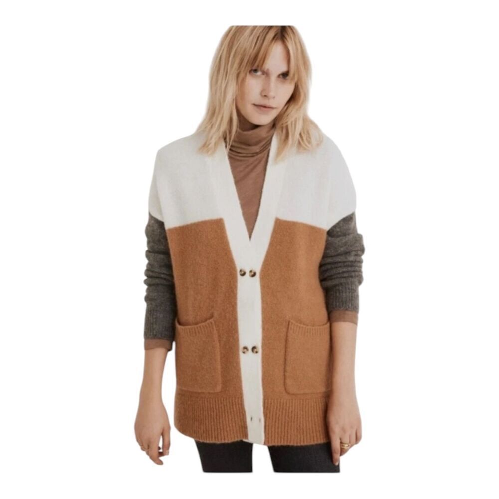 Madewell Colorblock Button-Front Cardigan in White, Camel & Gray